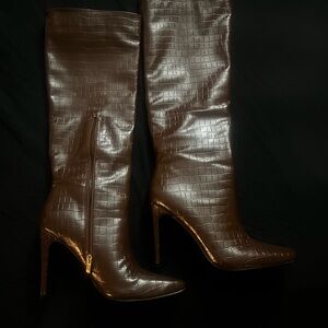 Elegant Brown Croc-Embossed Knee-High Boots